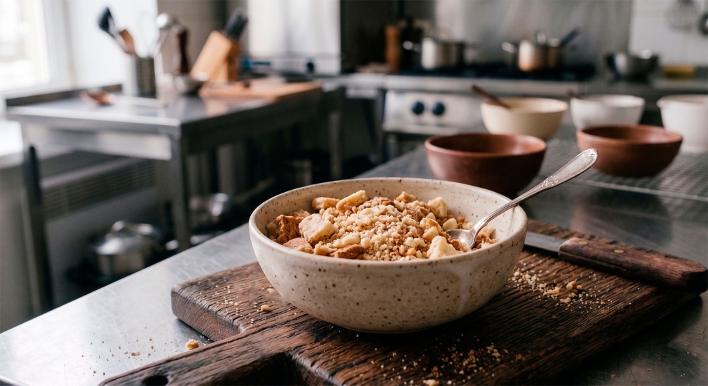 Измельченное песочное печенье в миске с кусочками разного размера