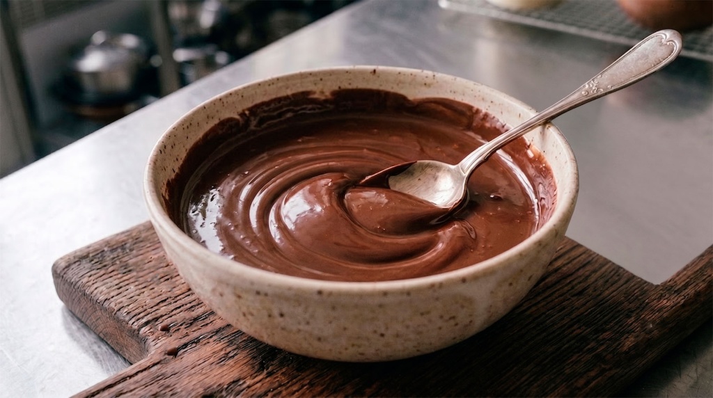 Гладкая глянцевая шоколадная масса из какао, масла и сгущенки